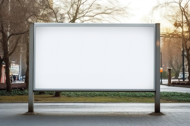 Painel de publicidade branco em branco ou display para publicidade com fundo desfocado