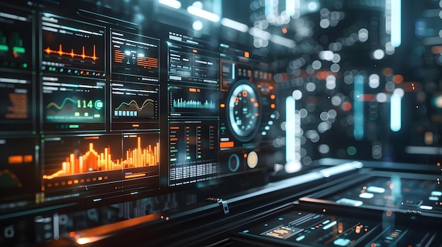 Painel digital futurista mostrando análise de riscos em tempo real em uma fortaleza tecnológica segura