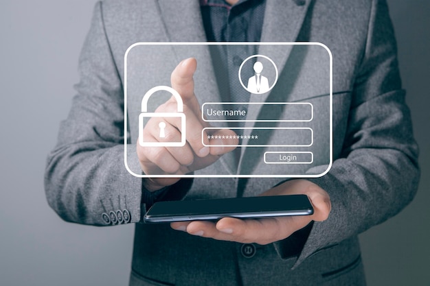 Painel para inserir login e senha homem tocando na tela