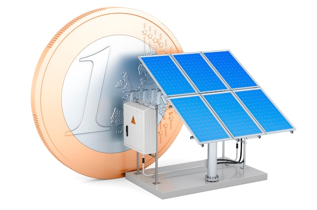 Painel solar com moeda de euro Economizando o conceito de consumo de energia renderização em 3D