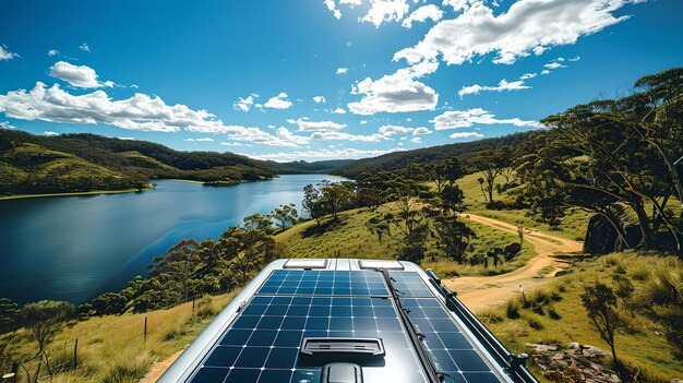 Foto painel solar ecológico em uma caravana com uma vista panorâmica do lago conceito de viagens sustentáveis e energia verde capturado à luz do dia ai