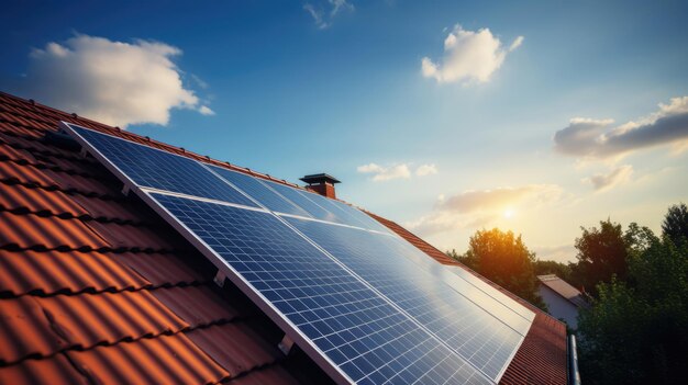 Painel solar em um telhado vermelho refletindo o sol e o céu azul sem nuvens