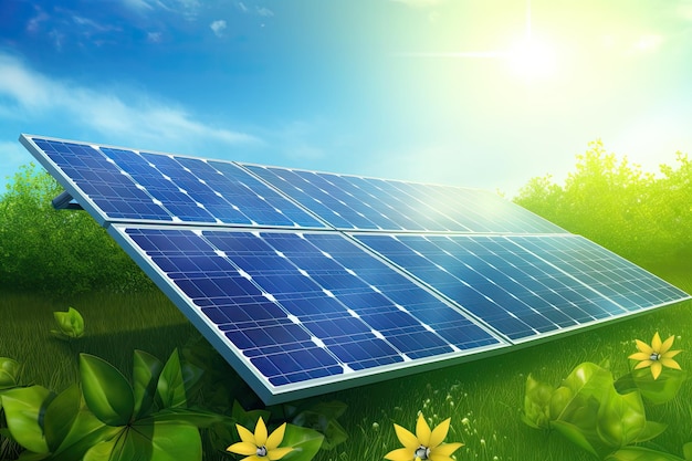 Painel solar gerando energia limpa em um campo verde Generative AI