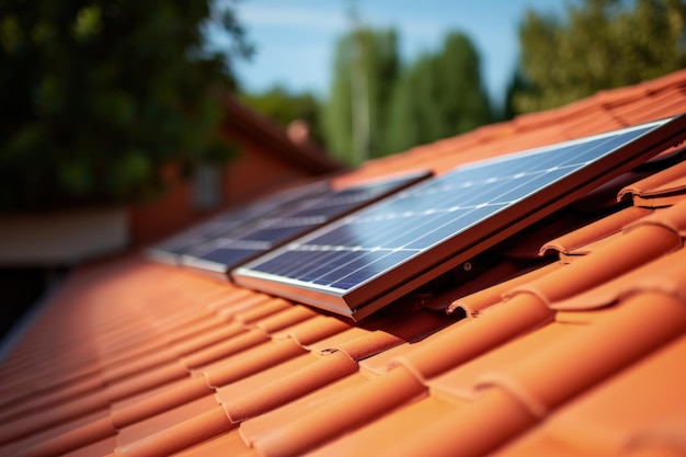 Painel solar no topo de um telhado com azulejos de barro IA geradora