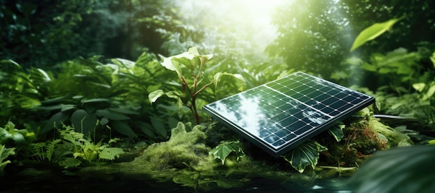 Painel solar portátil na floresta em fundo verde da natureza