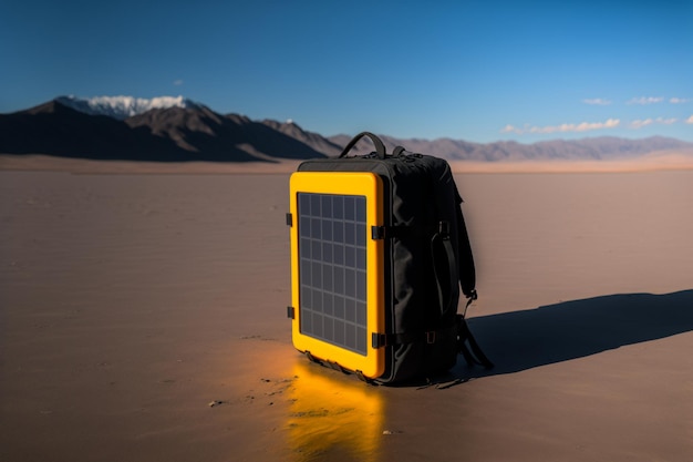 Painel solar portátil no turismo de mochila painéis solares portáteis estão sobre uma madeira e acumulam energia