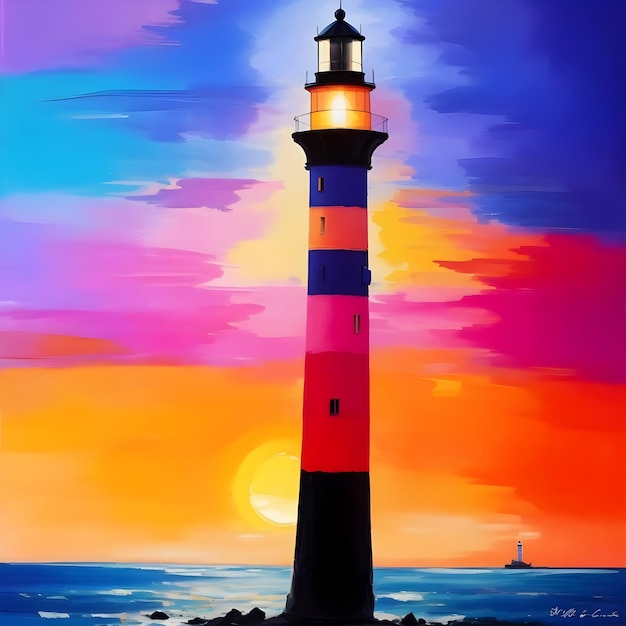 Paint Nite Sunset Lighthouse Silhouette Pintura realista de la silueta de un faro solitario