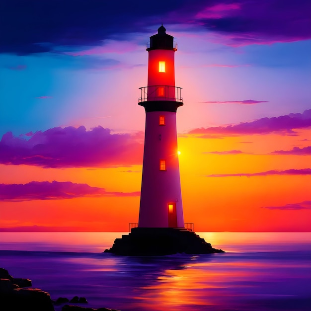 Paint Nite Sunset Lighthouse Silhouette Pintura realista de la silueta de un faro solitario