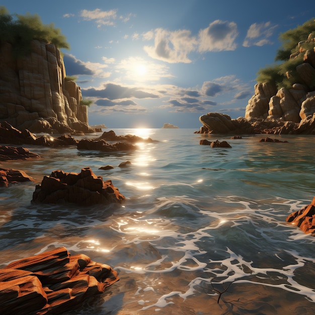 Foto painting of a rocky beach with a sunset over the ocean generative ai