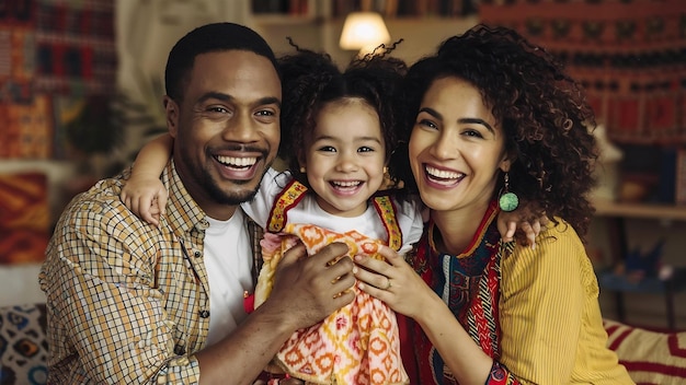 Pais afro-americanos felizes com a filha em casa.