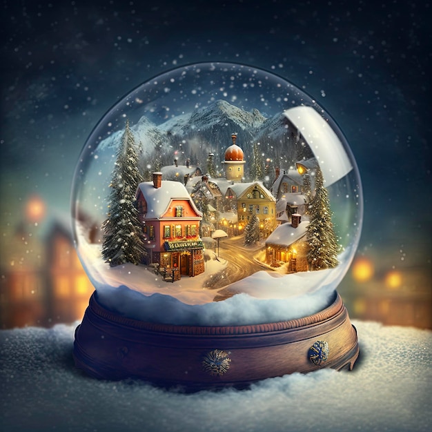 país das maravilhas do inverno com pequena cidade e árvore de Natal dentro de um globo de neve, nevando, festivo.