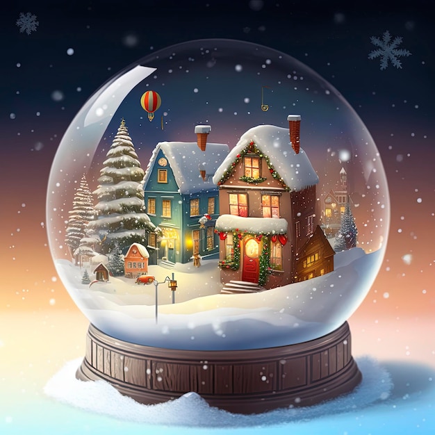 país das maravilhas do inverno com pequena cidade e árvore de Natal dentro de um globo de neve, nevando, festivo.