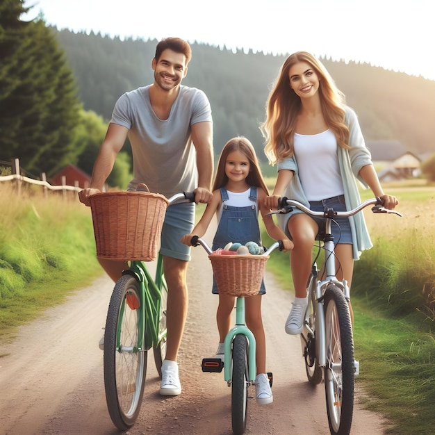 Foto pais e filha fazem um passeio de bicicleta na estrada do campo