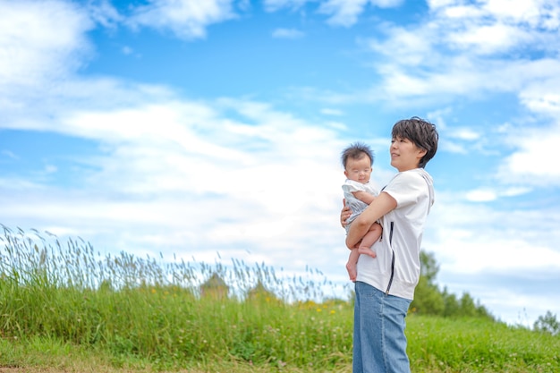 Pais e filhos e céu azul