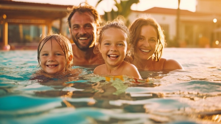Pais e filhos em êxtase de IA generativa na piscina