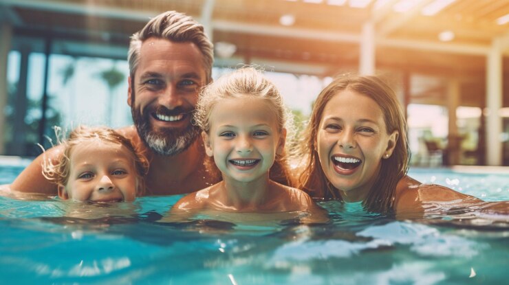Pais e filhos em êxtase de IA generativa na piscina