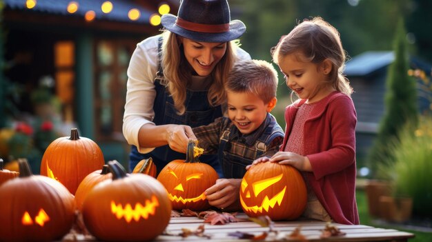 Pais e filhos felizes esculpiam uma abóbora juntos para o feriado de Halloween