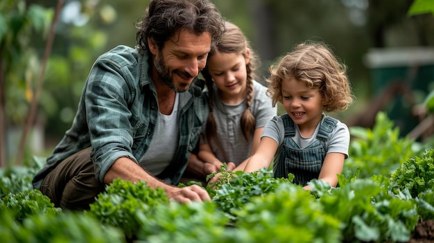 Pais e filhos plantando uma horta juntos