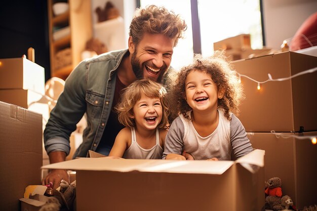 Pais felizes a brincar com as crianças na sala de estar de um novo apartamento.