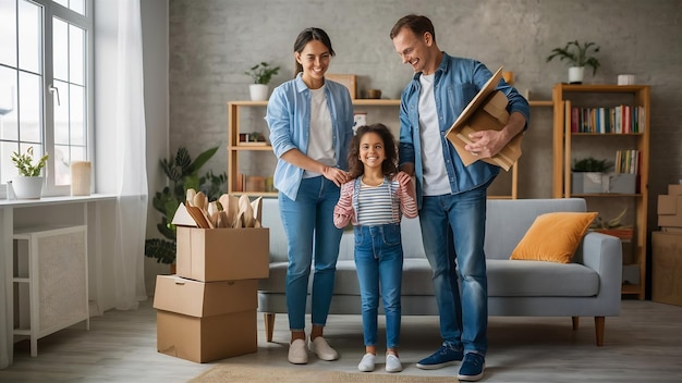 Pais felizes com a filha a mudar-se para um novo apartamento.