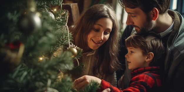 Pais felizes decorando a árvore de Natal da família com sua filha AI gerativa