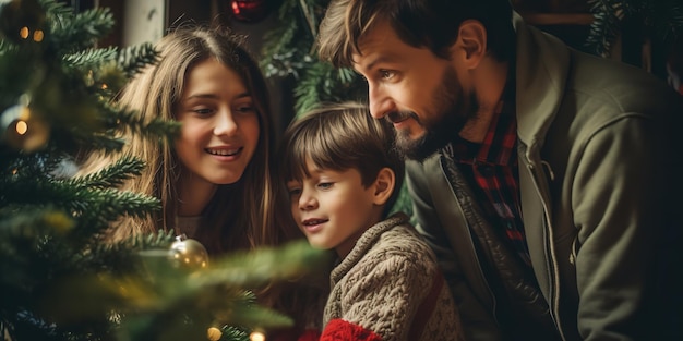 Pais felizes decorando a árvore de Natal da família com sua filha AI gerativa