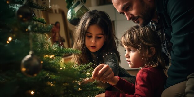 Pais felizes decorando a árvore de Natal da família com sua filha AI gerativa