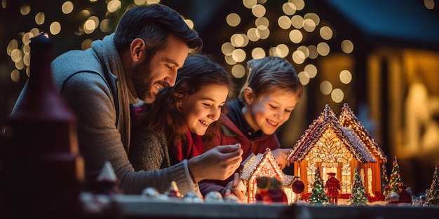 Pais felizes decorando a árvore de Natal da família com sua filha AI gerativa