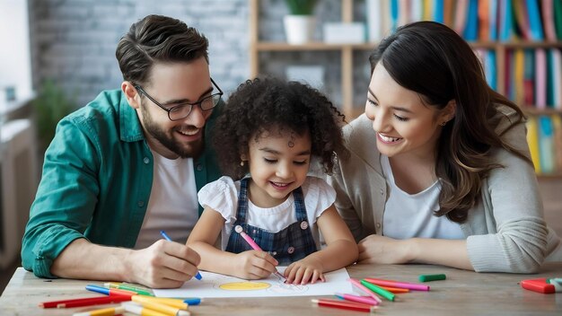 Foto pais felizes se divertindo com suas filhas pequenas que estão colorindo no papel em casa