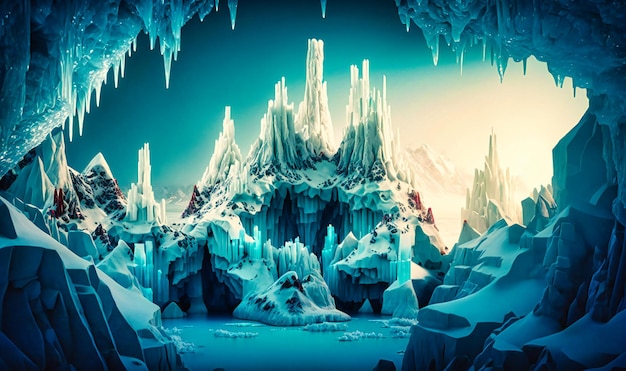 Un país de las maravillas congelado con cuevas de hielo, cascadas congeladas y carámbanos relucientes