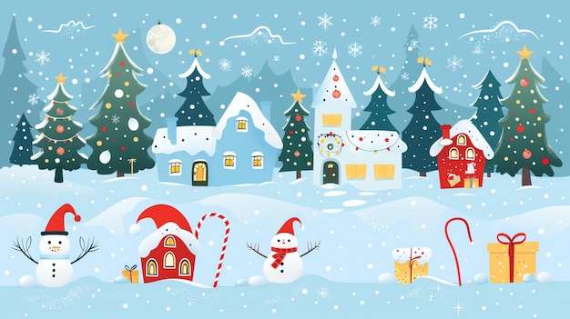 Un país de las maravillas invernales de casas y árboles cubiertos de nieve el escenario perfecto para una Navidad mágica