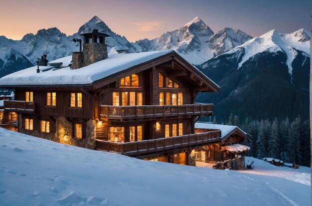 El país de las maravillas de invierno en una cabaña de montaña nevada