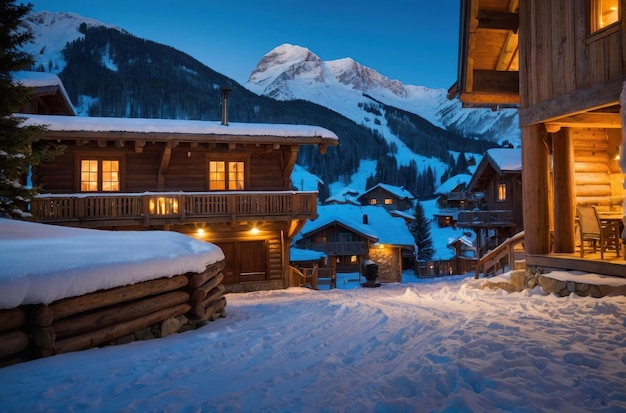 El país de las maravillas de invierno en una cabaña de montaña nevada