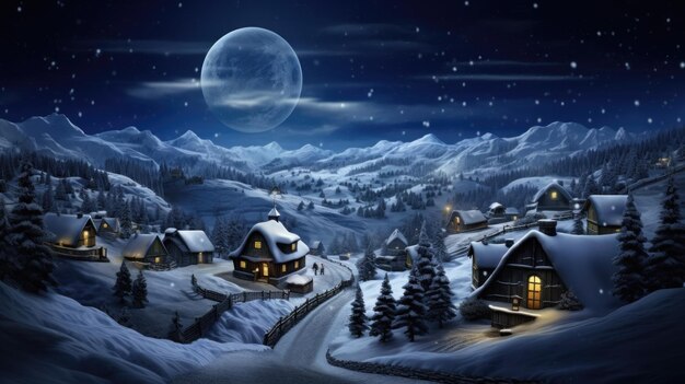 El país de las maravillas de invierno con cabañas acogedoras por la noche