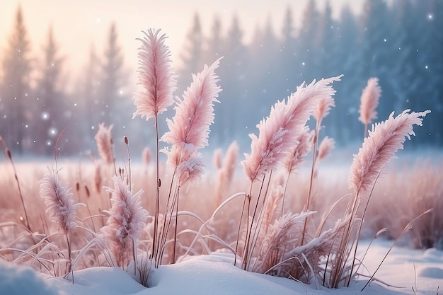 El país de las maravillas de invierno, la hierba esponjosa cubierta de nieve con tallos de tonos rosados