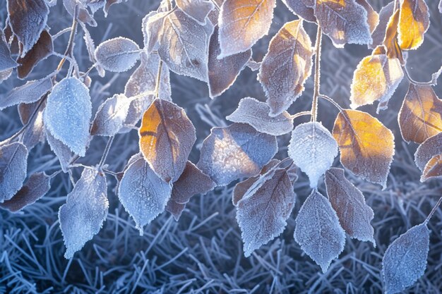 El país de las maravillas de invierno Hojas heladas cubiertas de hielo brillante en el bosque nevado