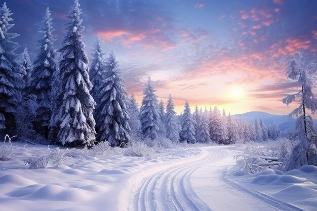 El país de las maravillas de invierno un paisaje sereno nevado con árboles majestuosos y cielos estrellados brillantes
