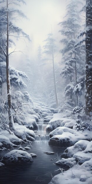 El País de las Maravillas de Invierno Una pintura realista de un arroyo cubierto de nieve en el bosque