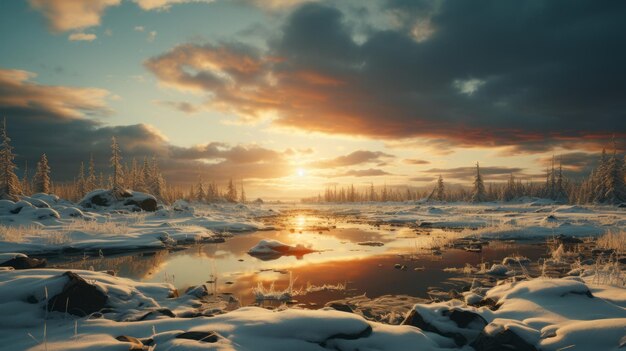 El país de las maravillas de invierno Una puesta de sol impresionante sobre un río cubierto de nieve