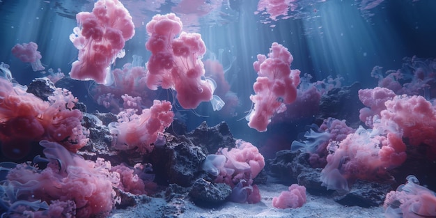 El país de las maravillas submarinas Medusas rosas a la deriva en las profundidades del océano