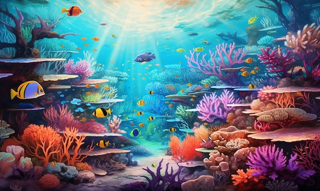 El país de las maravillas submarinas, las profundidades del océano, los vibrantes peces de colores, los arrecifes de coral, las criaturas marinas.