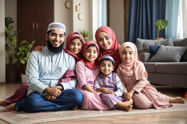Pais muçulmanos felizes e seus filhos relaxando no chão em casa e olhando para a câmera