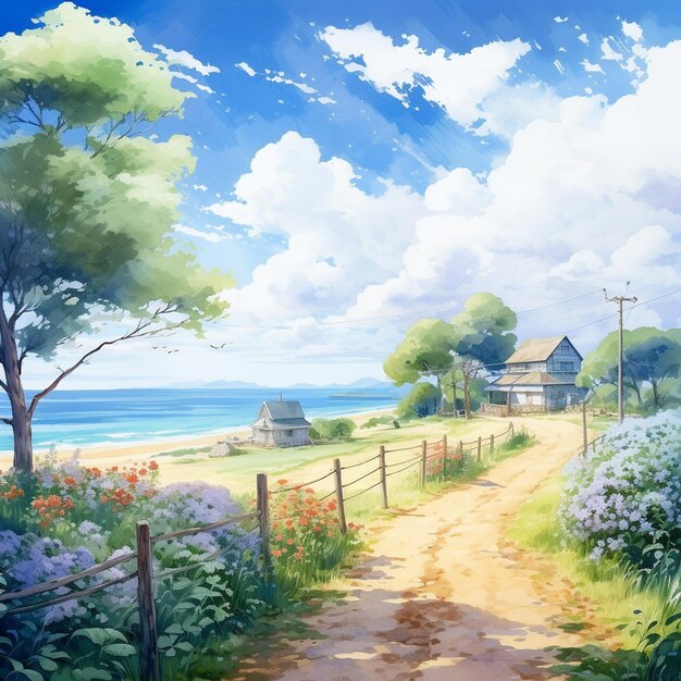 Paisagem à beira-mar cenário céu azul com uma casa perto do mar