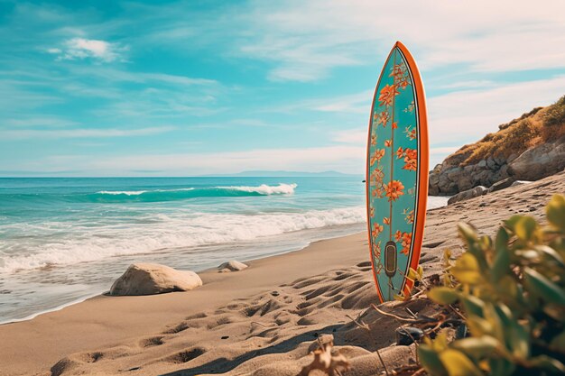 Foto paisagem à beira-mar com uma prancha de surf na praia contra o fundo do mar e do céu