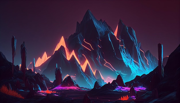 Paisagem abstrata de montanha de néon cyberpunk vintage