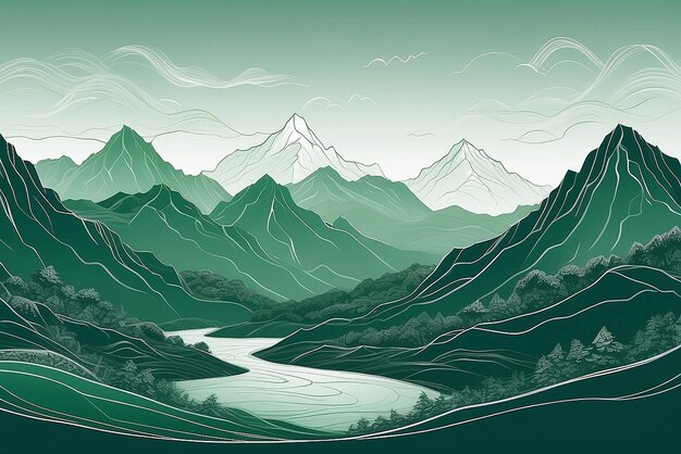 Paisagem abstrata de montanha em fundo verde Desenho de papel de parede de arte de linha com colinas em linha de onda branca Vista panorâmica desenhada à mão de montanhas adequada para cartaz de decoração de bandeira de capa