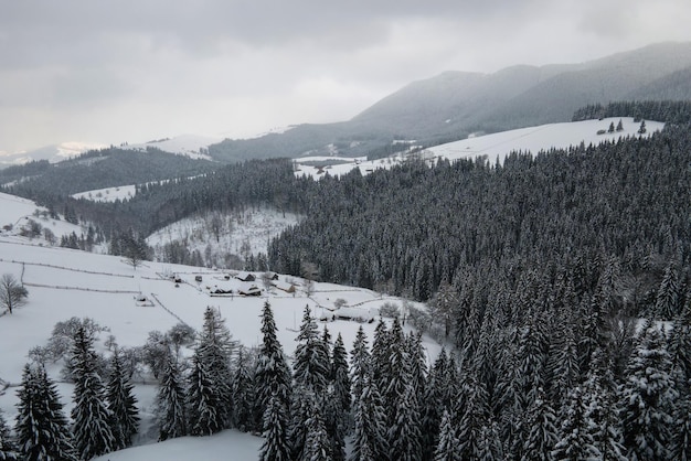 Paisagem aérea de inverno com pequenas casas rurais entre florestas cobertas de neve em montanhas frias