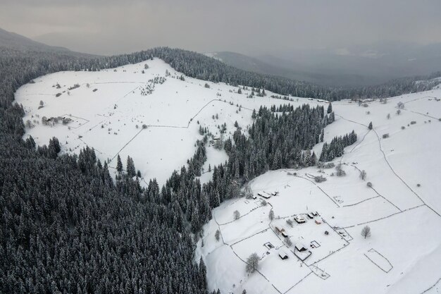 Paisagem aérea do inverno com pequenas casas rurais entre floresta coberta de neve em montanhas frias.