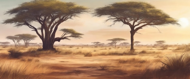 Paisagem africana savana pôr-do-sol ilustração vetorial estilo de desenho animado