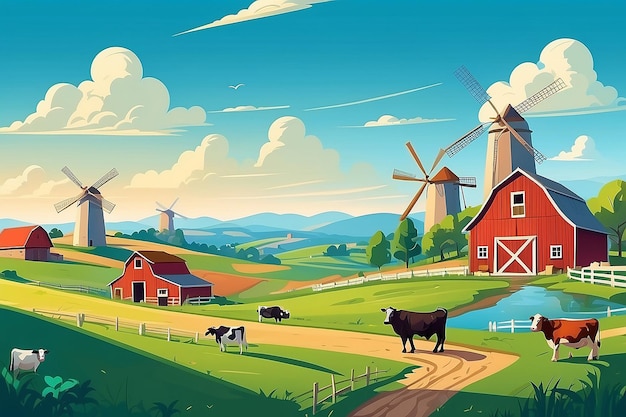 Paisagem agrícola rural com campos verdes e animais de celeiro vacas moinhos de vento na colina com céu azul e nuvens desenho animado vetorial